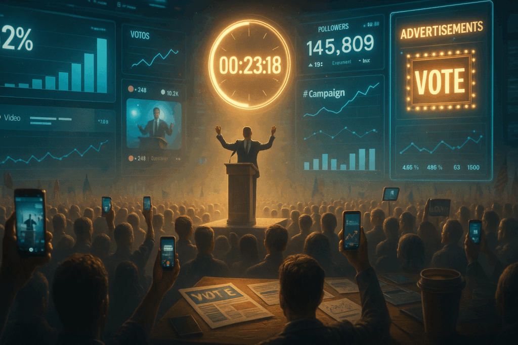 Cena simbólica representando o marketing eleitoral como corrida contra o tempo.