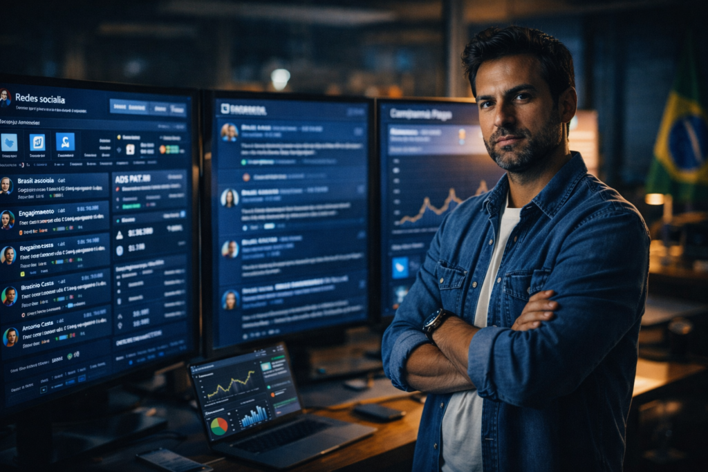 Estrategista político brasileiro acompanhando métricas de campanha eleitoral digital em telas grandes.