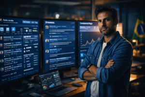 Estrategista político brasileiro acompanhando métricas de campanha eleitoral digital em telas grandes.