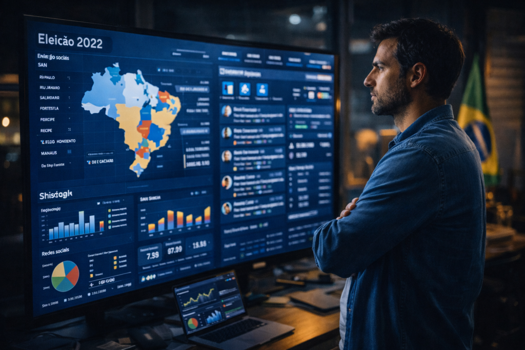 Estrategista político brasileiro analisando dados eleitorais e métricas digitais em sala de campanha.