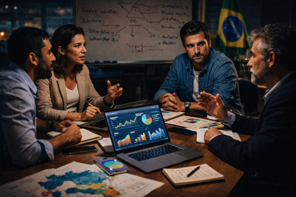 Equipe brasileira discutindo estratégias de campanha eleitoral com mapas e laptops em mesa de reunião.