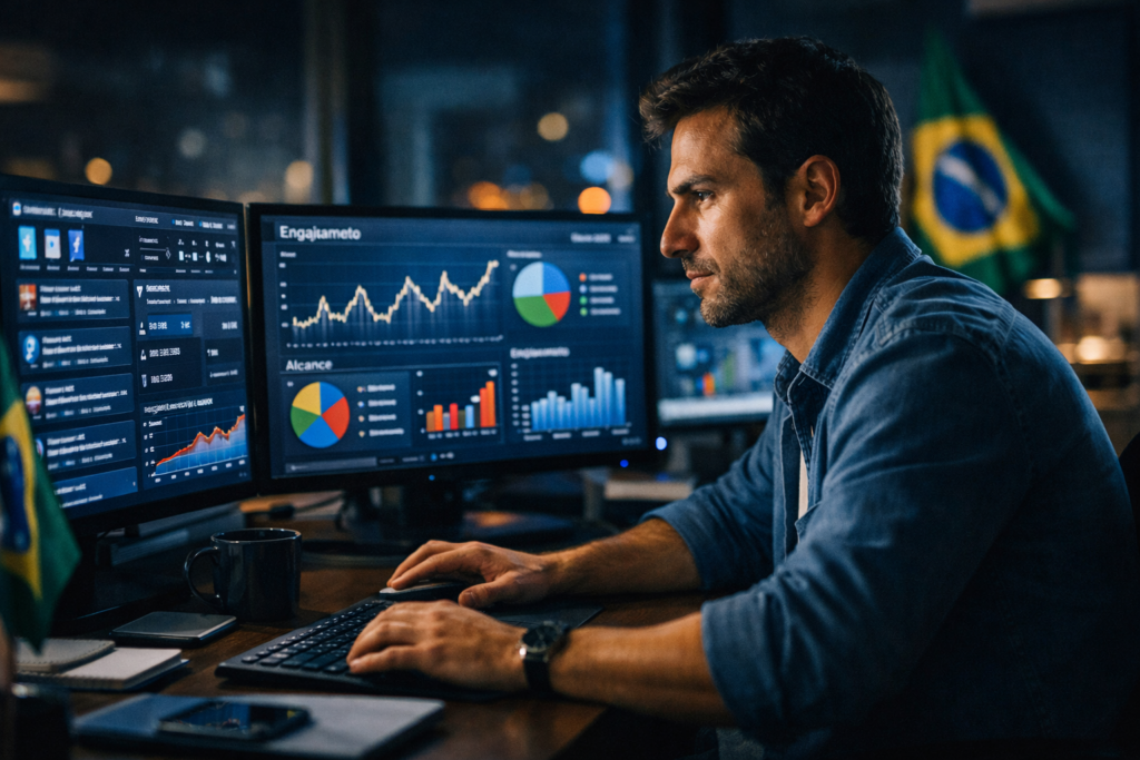Estrategista político brasileiro analisando dados de campanha digital em múltiplos monitores com métricas e redes sociais.