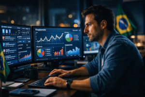 Estrategista político brasileiro analisando dados de campanha digital em múltiplos monitores com métricas e redes sociais.
